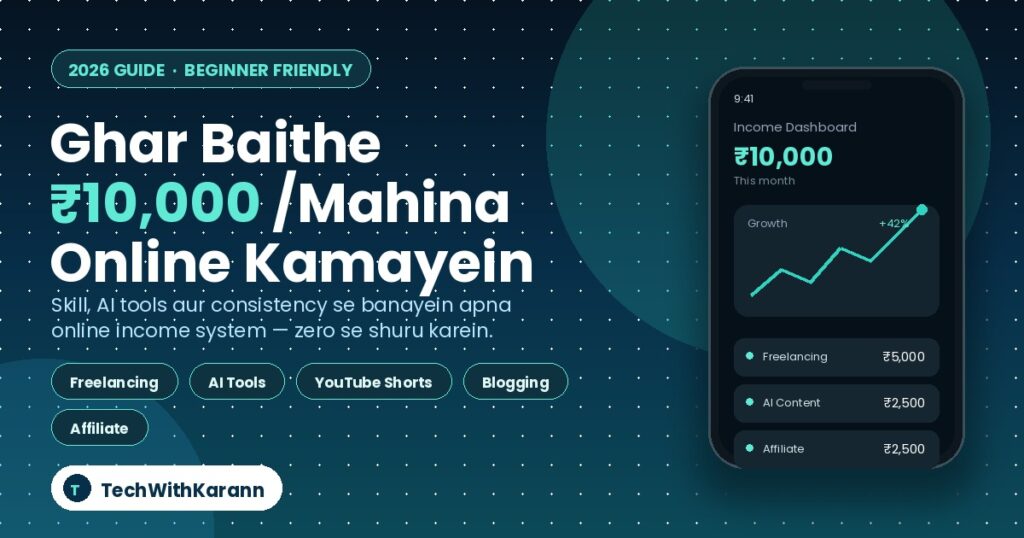 Ghar baithe 10000 mahina online kamane ke tareeke - freelancing, AI tools aur blogging se income dashboard dikhata illustration