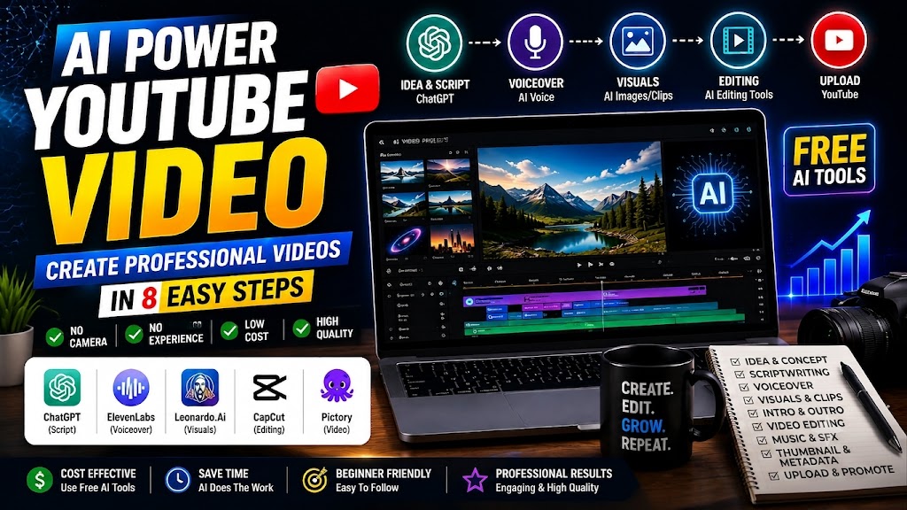 AI Power YouTube Video infographic showing 8 easy steps to create professional YouTube videos without a camera using free AI tools — ChatGPT for script, ElevenLabs for voiceover, Leonardo.Ai for visuals, CapCut for editing, and Pictory for video creation, with a laptop editing timeline in background